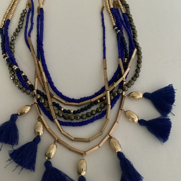 Stella & Dot Tulum Necklace Tassel Fringe Multi Strand Blue Gold Layers - Picture 16 of 16
